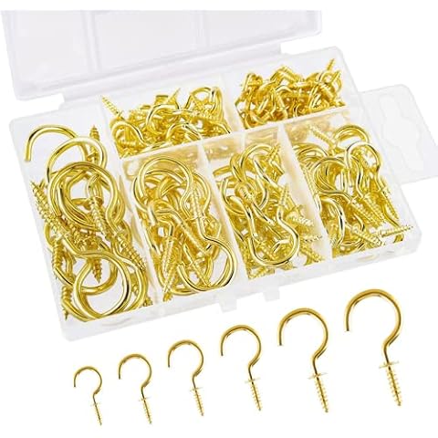 JSUOEO Cup Hooks Heavy Duty, 130PCS Drop Ceiling Hooks Screw Small Hanging Hooks Metal Ceiling Hooks Multi Size Screw-in Hooks for Hanging Tea Cup Key Indoor and Outdoor Use Gold Cover