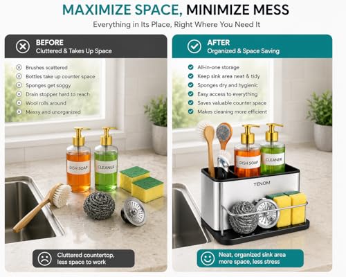 Image of Tenom Kitchen Sink Organiser, Sponge Holder & Dishwashing Liquid Rack, Stainless Steel Rust Proof Dishwasher Safe Space Saving Sink Organizer (Without Dispenser Pump)