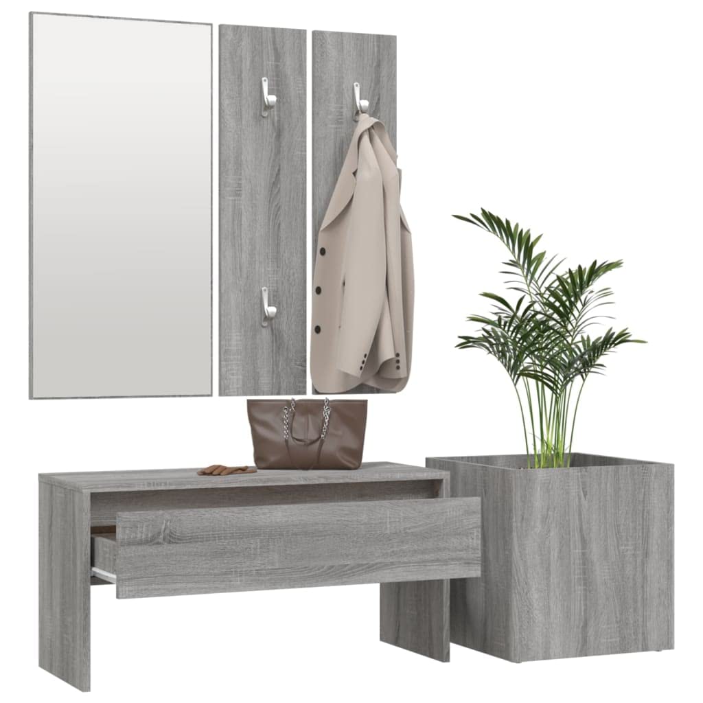 Juego de roperos de pasillo gris Sonoma con espejo, banco de pasillo, cajón de almacenamiento de hasta 110 kg por asiento, almacenamiento de zapatos y jardinera para pasillo