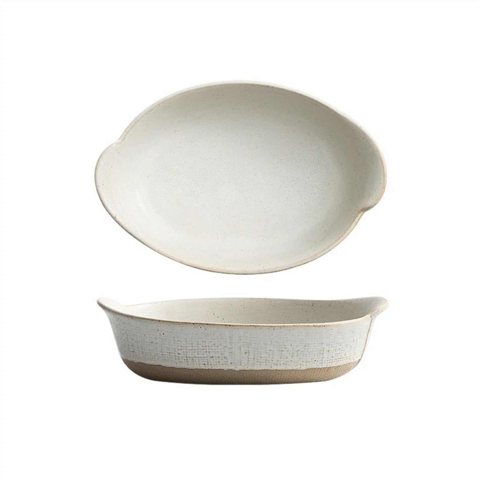 OLSKFUH Kitchen Ceramic Double Ear Retro Cheese Baked Rice Plate Creative Salad Bowl Household Deepening Rough Tableware Cooking,White-8.5 inches