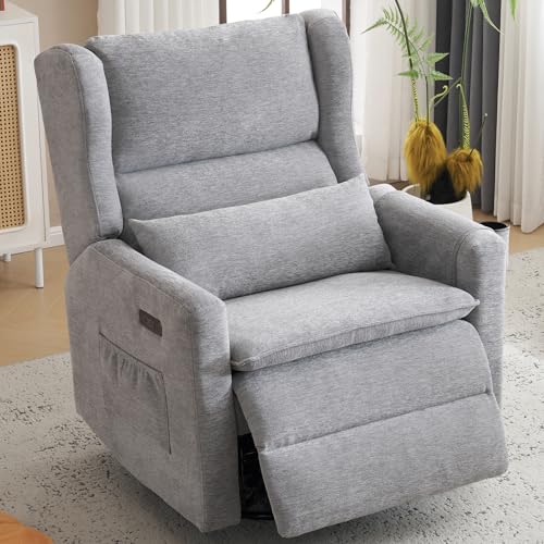 Image of Oversized Swivel Rocker Recliner with Lumbar Cushion, Power Recliner Nursery Chair with Adjustable Headrest, Nursery Glider for Living Room, Grey
