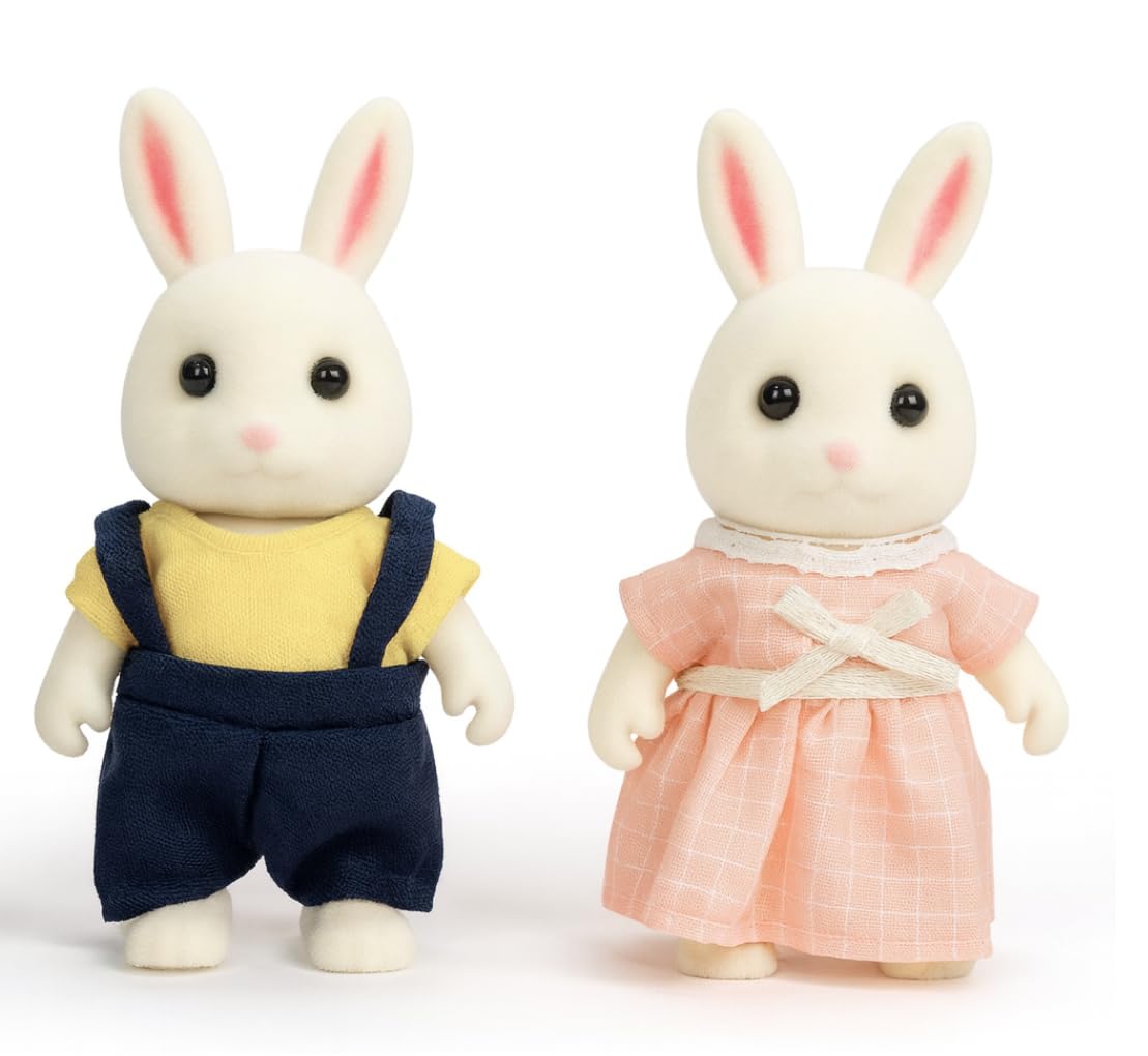 OLEOCA Family Cream Rabbit Figures — Set of 2 Collectible Flocked Mini Dolls with Removable Clothes, Miniature Dollhouse Pretend Play Figures for Kids