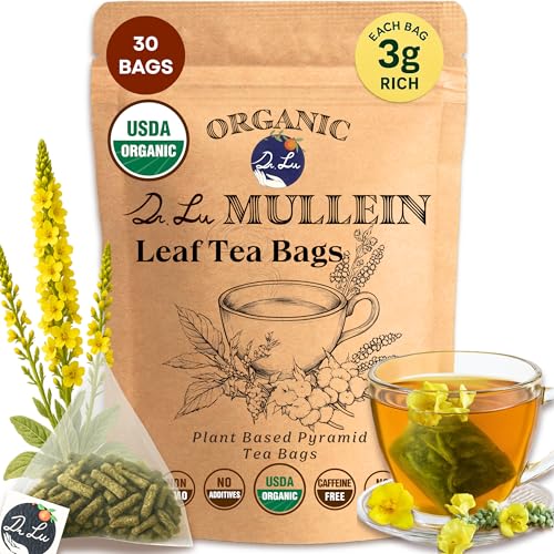 Dr. Lu’s Organic Mullein Leaf Tea | High-Altitude Grown in the Rocky Mountains | Pure Botanical Respiratory Support | 30 x 3g Premium Fill Corn Fiber Pyramid Bags (No Plastic, No Nylon)