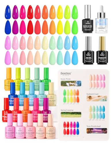 Image of Beetles Summer Gel Polish Set - Candy Electric Collection, 20 Colors 15ML Full Size Neon Pink Green Blue Red Bright Colors Gel Set 4th of July Nails with Base Top Coat UV LED Lamp Salon DIY Nails