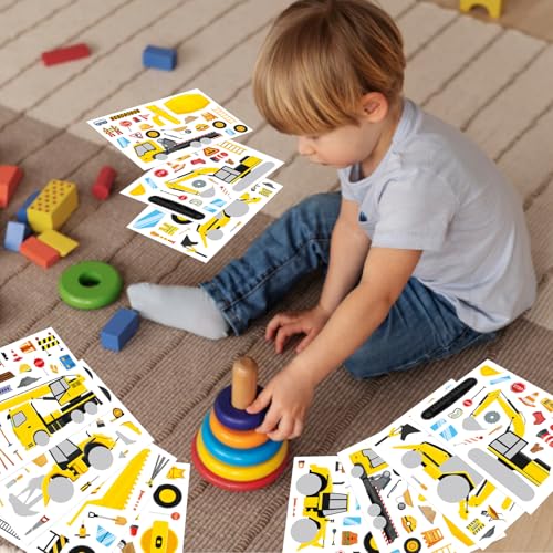 Image of Make a Face Sticker, Make Your Own Vehicle, Truck, Excavator Stickers | 24 Sheets Construction Stickers for Toddlers, Brithday Party Supplies Classroom Teacher Reward
