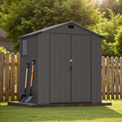 Image of Greesum 6x4FT Plastic Outdoor Storage Shed with Floor, Resin Sheds with Lockable Double Door, Tool Sheds with Vents and Window, for Garden, Backyard, Patio, Dark Gray