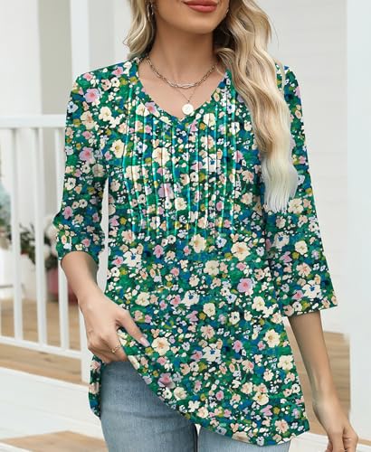 IEEILULU 3/4 Length Sleeve Womens Tops V Neck T Shirts Casual Pleated Tunic for Women Fashion Loose Blouses Green Floral XL — view 3
