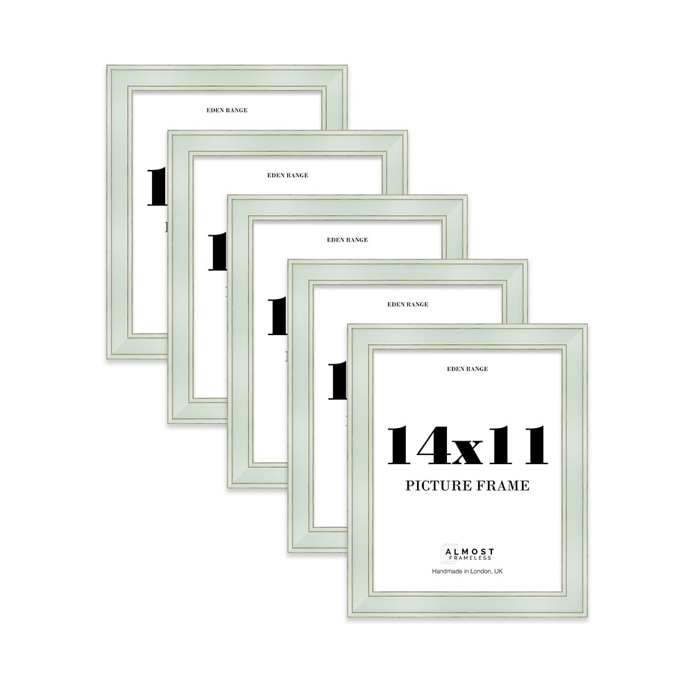 14x11 Sage Green Picture Frame - Shabby Chic Photo Frame with Distressed Finish, Gold Trim, Wall Hooks and Kickstand, 37mm Edge - 5 Pack