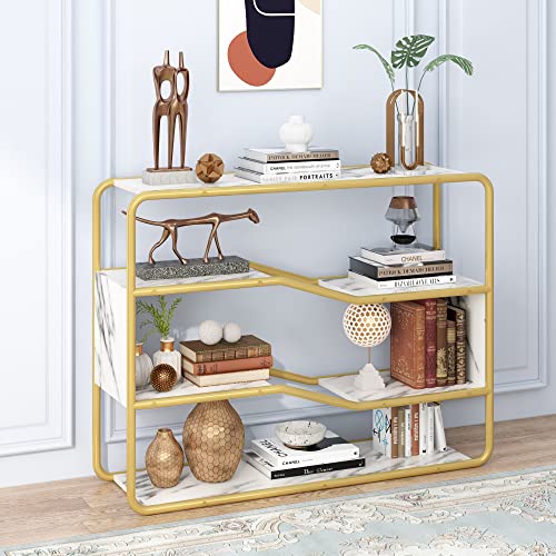 JoliJour Console Entrée Dorée,Console Meuble Entrée en Marbre,Table Console à 4 étages Imitation Marbre avec éTagère Ouverte,Meuble d’Entrée avec Structure en Métal,100 * 30 * 78cm,pour entrée,Salon