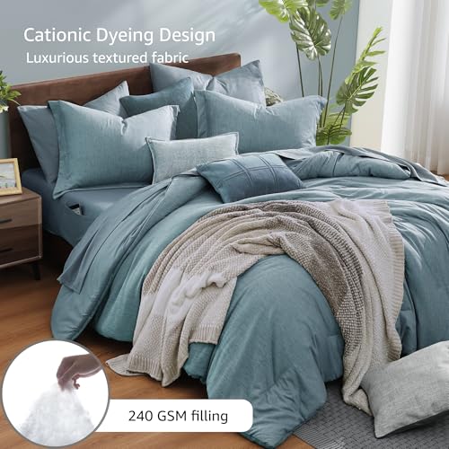 Monbix King Size Comforter Set,7 Pieces Dusty Blue Cationic Dyeing Bed in a Bag King with Comforter, Sheets, Pillowcases & Shams, All Season Reversible Bedding Comforters