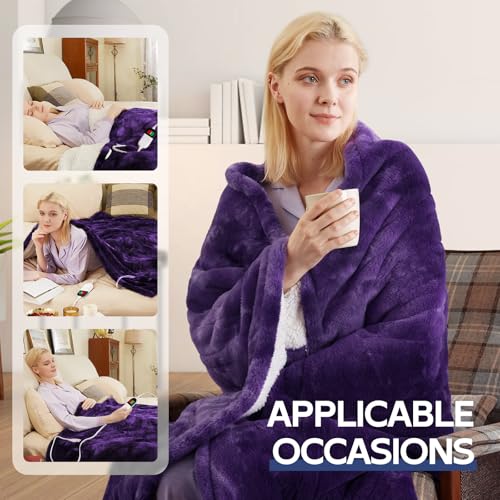 Image of MAXEVE Electric Heated Throw Rabbit Faux Fur Blanket with 8 Heating Levels & 8H Auto Off, Fast Heating Warm Cozy Sherpa Washable Electric Blanket with Over-Heat Protection, ETL Certification, Purple