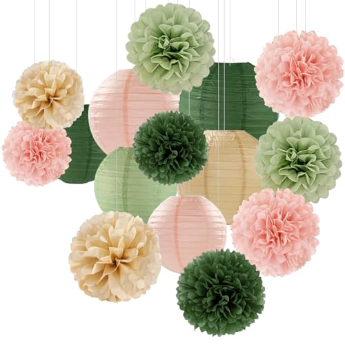 Image of KAXIXI 15-Piece Pink Sage Green Champagne Party Decorations, Paper Lanterns