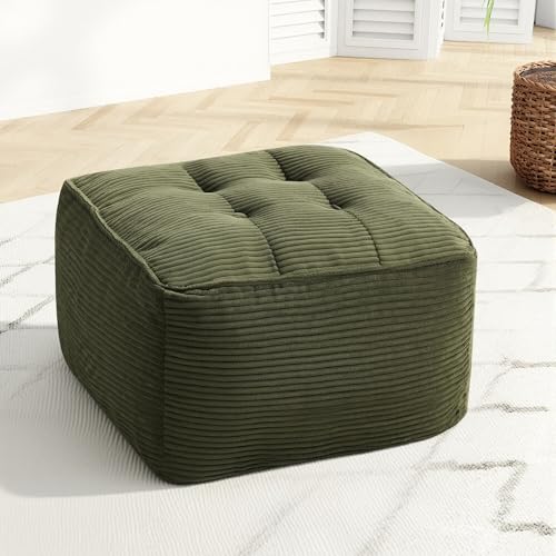 Image of Square Stuffed Pouf Ottoman, Corduroy Oversize Foot Rest,Green