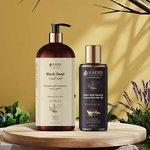 Image of Kaers Kalonji Hair Care Combo | Black Seed & Henna Shampoo | Black Seed, Henna & Costus Root Hair Oil | Nourishment of Hair | Paraben Free, SLES Free, Dioxane Free, Mineral Oil Free | 400ml + 200ml Value Pack