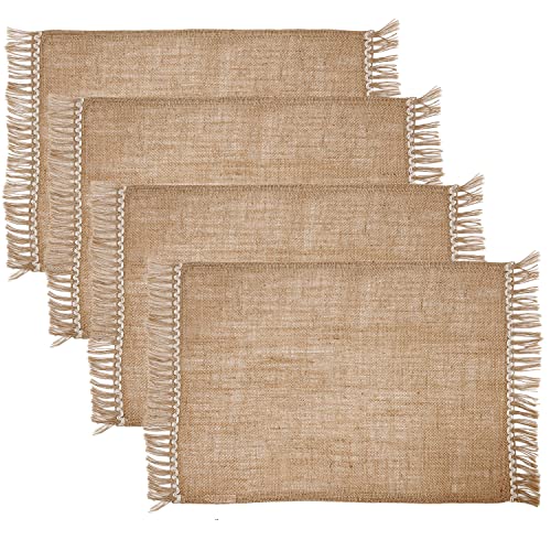 Chardin Home 100% Natural Jute Burlap With Lace Fringes/Tassels, Rustic, Vintage Placemats For Parties, Bbq's, Everyday Use, Holidays And Special Occasions. Set Of 4 Placemats. Size: 13”X19” #TOP26