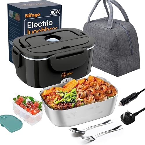 Nifogo Fiambrera Eléctrica 80W Calentador Comida Electrico 12V/24V/230V Fiambrera 1,5l Pefecto para Hogar,Camping y Oficina con Cubiertos y Gris Bolsa(1.5L-Negro)
