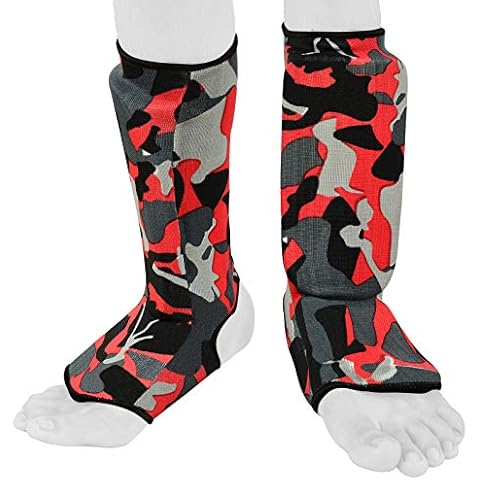 Kids Kick Boxing Shin Protectors / Guard Foot Pads Junior Shin Instep Children (Red Camo, XXS (9 to 13 Years)) Cover