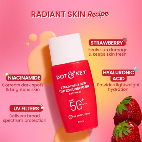 Image of Dot & Key Strawberry Dew Tinted Sunscreen SPF 50+ Pa++++ - 02 Warm Ivory In-Vivo Tested | Protection Against UVA & UVB | Broad Spectrum, Water & Sweat resistant | For All Skin Types | 50ml