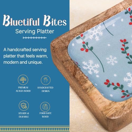 Image of Bluetiful Bites Serving Platter | Blue Enamel Finish Mango Wood Platter | Multipurpose Platter for Snacks, Fruits & Desserts, Premium Table Decor for Dining & Kitchen