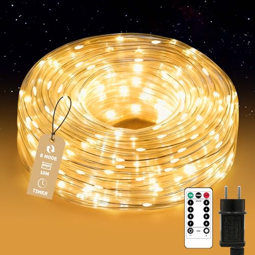 Auting Fita de luzes para exteriores com controlo remoto, Ø 7,5 mm 13 m 200 LEDS com temporizador, IP65 impermeável, tubo de luz regulável para decoração natal, festas, teto