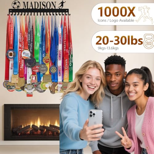Image of Personalized Medal Holder with Name Display Rack for Awards Ribbons - Metal Custom Sports Race Plaques Hanger for Wall Mount Hold Up 63 Medal Hanger Display for Athlete Boy Girl Kid