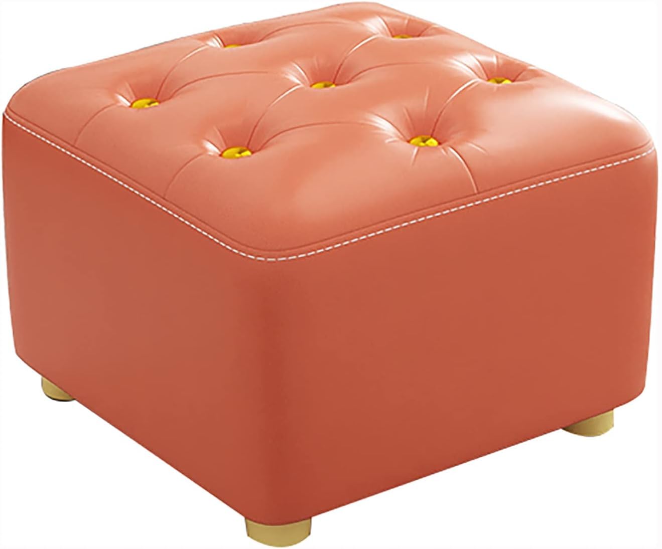 Pouf cube en cuir orange haut de gamme et son bouton doré élégant