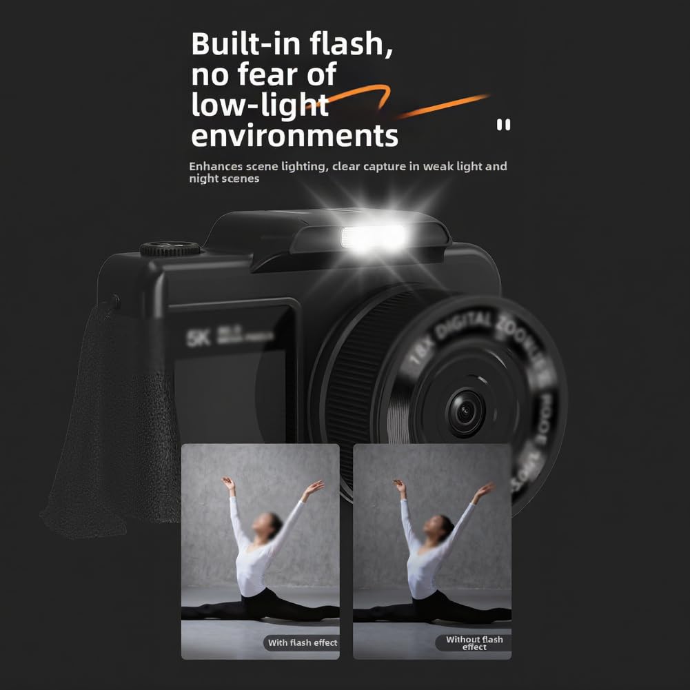 Fotocamera digitale 5K 80MP per fotografia, autofocus, torcia regolabile, zoom digitale 18x, fotocamera da viaggio per principianti, obiettivo grandangolare e macro (nero)