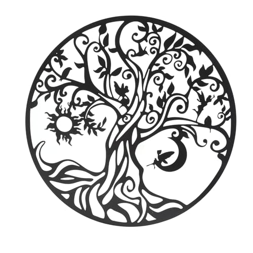 CFTGIW Arbre de Vie w Art 11,8 Pouces Rond Déco Metal w Plaque pour Le Salon Chambre à Coucher Intérieure Noire en Plein Air Conçu avec Une Coupe de...