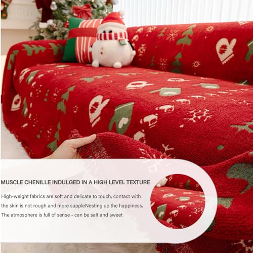 Housse de canapé de Noël en chenille douce premium rouge à pompons - 6