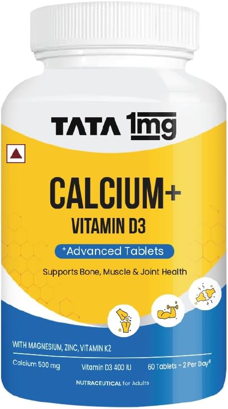 Tata 1mg Calcium + Vitamin D3, Zinc, Magnesium and Alfalfa Tablet Help In Joint Support, Bones Health, Energy Support for Men & Women(Pack of 60 Tablets)