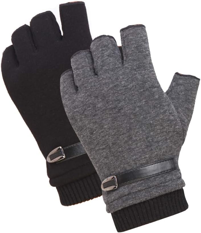 Men's Winter Warm Grey Solid Polyester/Fleece Lined Fingerless Gloves, 2 Pack (L)