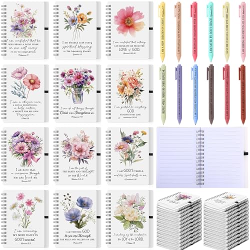 Kosiz 24 Pcs/12 Set Positive Affirmation Gifts Bulk for Women Gratitude Spiral Journals with Pens Motivational Notebooks Mothers Day Gifts for Mom Employee Coworker Teacher Nurse Volunteer (Bible)