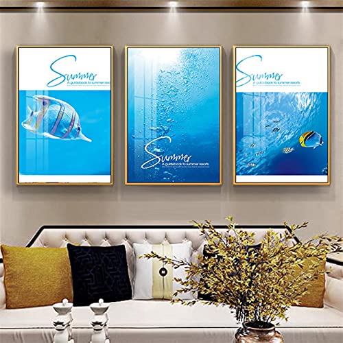 Toile peinture poisson bleu mer triptyque grand format 60x90cm pour décoration murale chambre