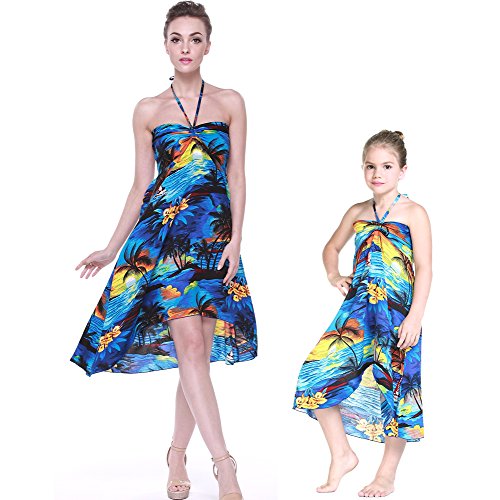 Matching Hawaiian Luau Mother Daughter Halter Dress in Sunset Blue