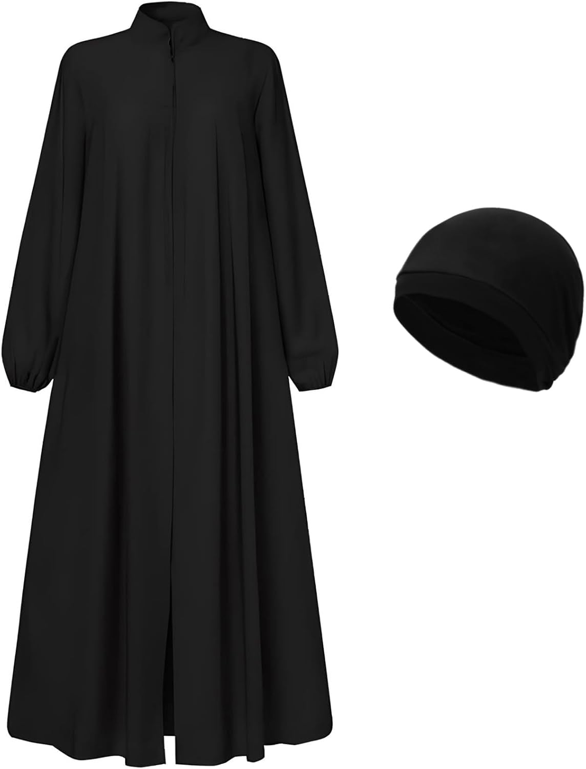 Womens Muslim Abaya Dress Front Zipper 2 Pockets Long Sleeve Prayer Islamic Clothes with Hijab Cap