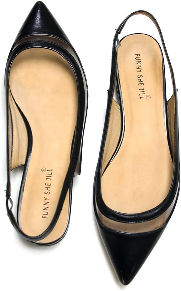 FSJ Women Leather Pointed Toe Low Heel Pumps Comfortable Slip on Slingback Flats Office Dress Shoes Size 4-12 US