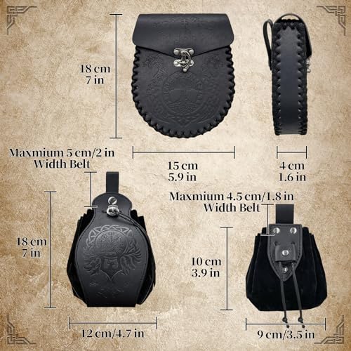 Image of EpicCos 3 PCs Medieval Faux Leather Belt Bag Set, Renaissance Drawstring Pouch Dice Bag, Vintage Side Pack Coin Purse for LARP (Black A)