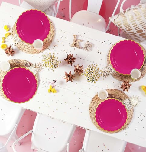 Image of HEIPINIUYE 50 Pieces Hot Pink Paper Plates with Gold Foil 9 Inch Disposable Pink Scalloped Dinner Plates for Wedding Baby Shower Birthday Party Dessert Plate