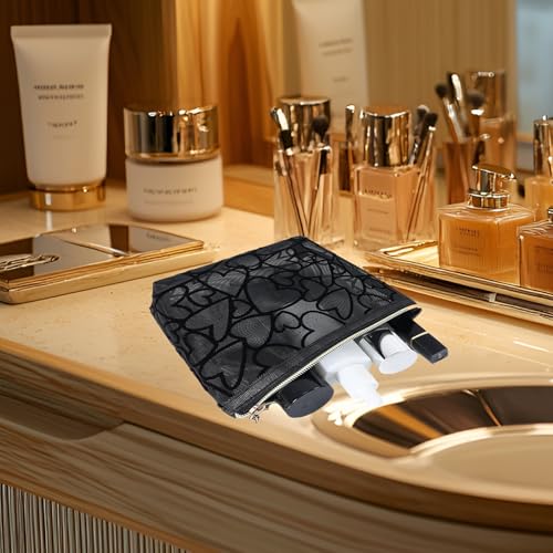Image of Trapezoidal Mesh Makeup Bag Flocking Heart Printed, Portable Travel Mesh Cosmetic Bags Toiletry Bags Makeup Purse Bags Five-pointed star zipper pull Storage Pouches, for Home Travel