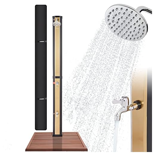 Arebos Ducha Solar 35 L | Con Teleducha Y Termómetro | Temperatura Del Agua Hasta 60°C Ducha De Piscina | Rociador Redondo | Técnica De Encaje A Presión | Incl. Tapa Y Placa Base En Imitación Madera