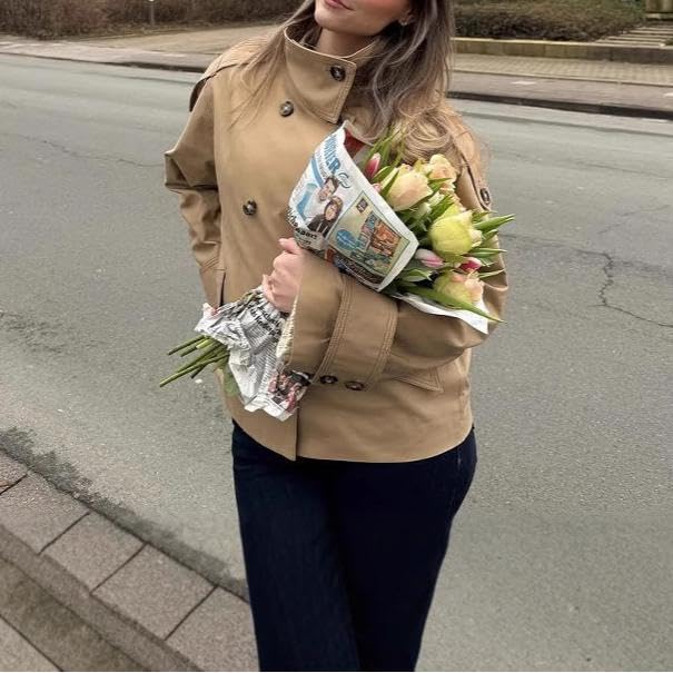 Cropped Trench Coat for Women Loose Long Sleeve Top Jacket Stand Neck Buttons Blazer Jacket Work Office Outwear3