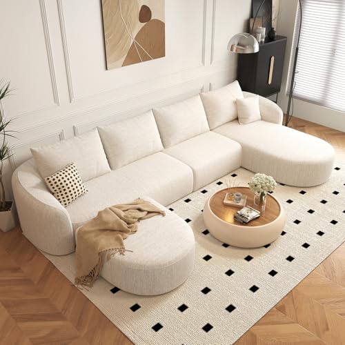 Settab 138.6" Modular Sectional Couches Luxury Modern Curved Back U-Shape Sofa Set with Ottoman,Minimalist Comfy Boneless Cloud Couch for Living Room Apartment,(Right Facing Chaise,White)