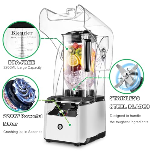 Image of Commercial Blender for Smoothies With Quiet Shield, 2.5HP Motor, Stainless Steel Blade, 80oz Pitcher for Shakes, Smoothies, Ice Crushing, Frozen Drinks, 15 Speeds, Self-Cleaning, White