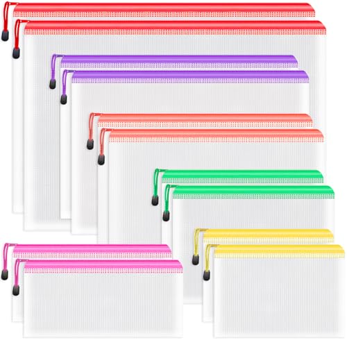Plastic Wallets Folders - 12PCS Multi-Size Plastic Zip Lock Bags Document File Folders for School Office Supplies, Homework, Cosmetics and Travel Accessories (6 Size)