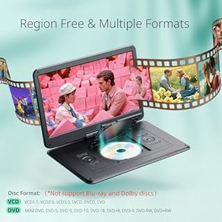 Yoton Lettore DVD portatile da 17,6 pollici con grande schermo girevole HD da 15,6", 6 ore di autonomia con batteria integrata, doppio altoparlante stereo, supporto USB/scheda SD/Sync TV e formati