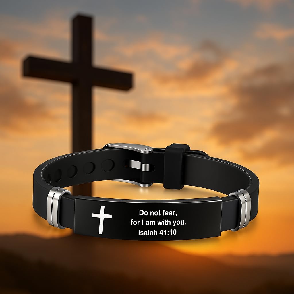 Christian Cross Bracelet with Proverbs 3:5, Phillipians 4:13, Matthew 19:26, Isaiah 41:10, Luke 1:37, Matthew 28:20 Scripture, Black Silicone Adjustable Watch Band, 9.05 inch Length