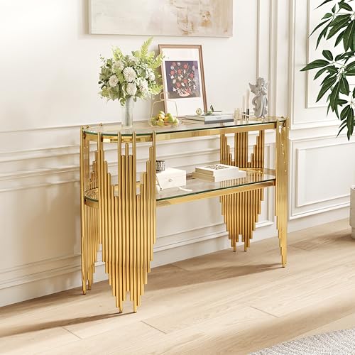 Modern Gold Glass Console Table with 2-Tier Shelves, Luxury Oval Entryway Table for...