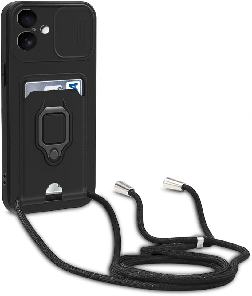 Esakycn Cuerda Funda para iPhone 17, Cárcasa TPU Silicona con Cubierta de Cámara Deslizante, Ranura para Tarjetas, Magnético Anillo Soporte Cordón Case Fundas para iPhone 17 6,3', Negro