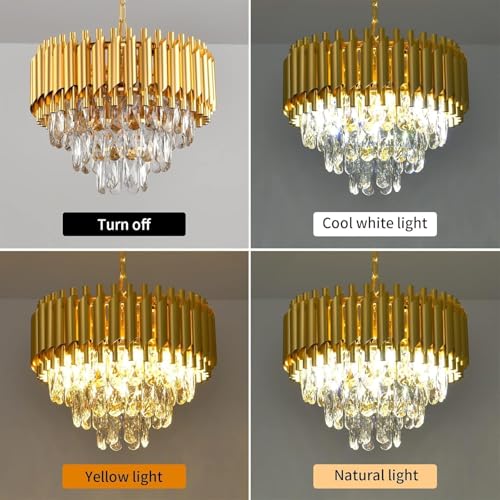 Image of Modern Ceiling Lamp 3-Tier Round Crystal Chandelier for Living Room | Modern Ceiling Light Jhumar for Hall for Home Decoration + 3 Color LED Light (Full Gold, 450MM)