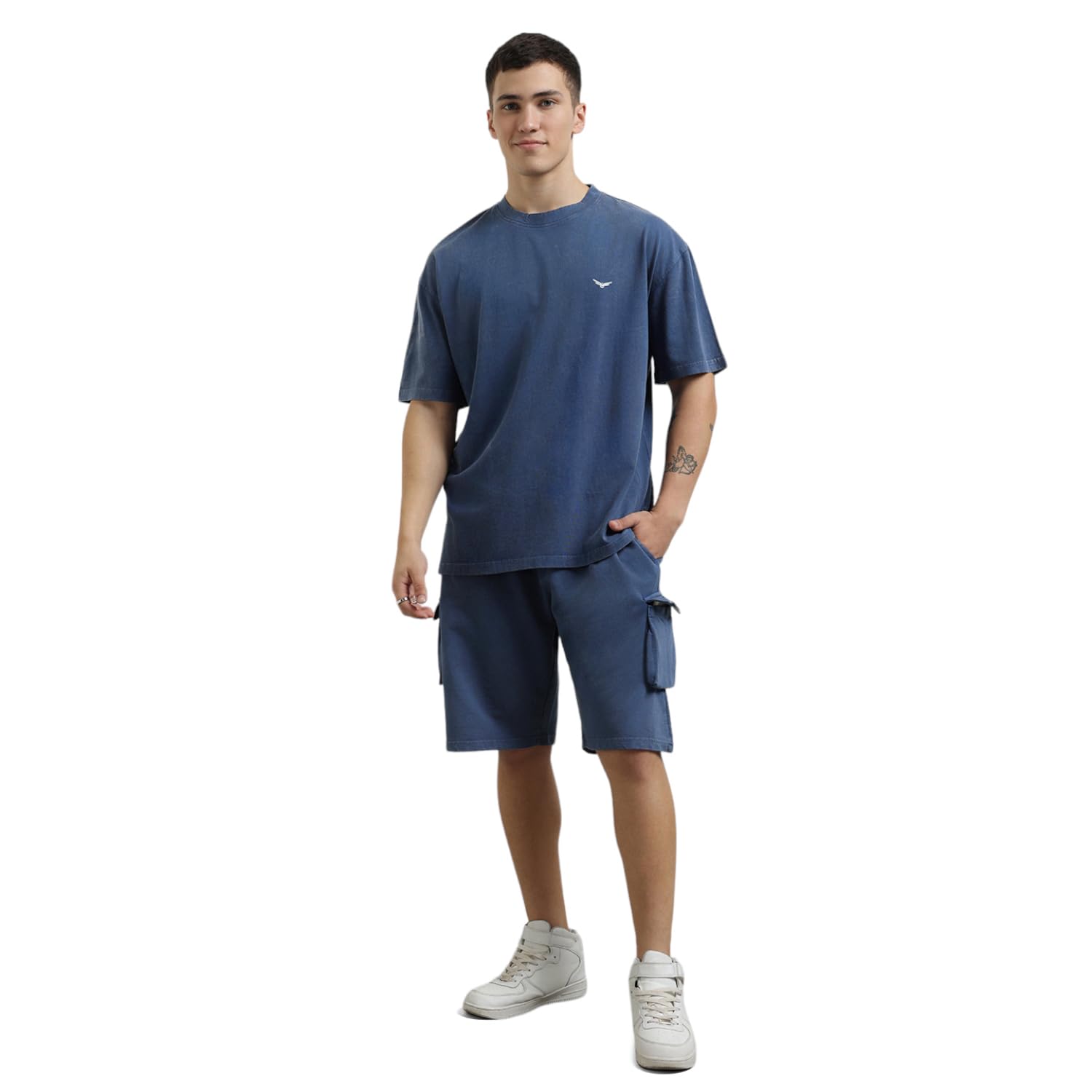 nobero Oversized Cargo Shorts Co-Ord Navy Oversized T-shirt & Shorts Co ord Set(1M-LWCS-R0100-NB3_Navy Blue_M)-picture-24